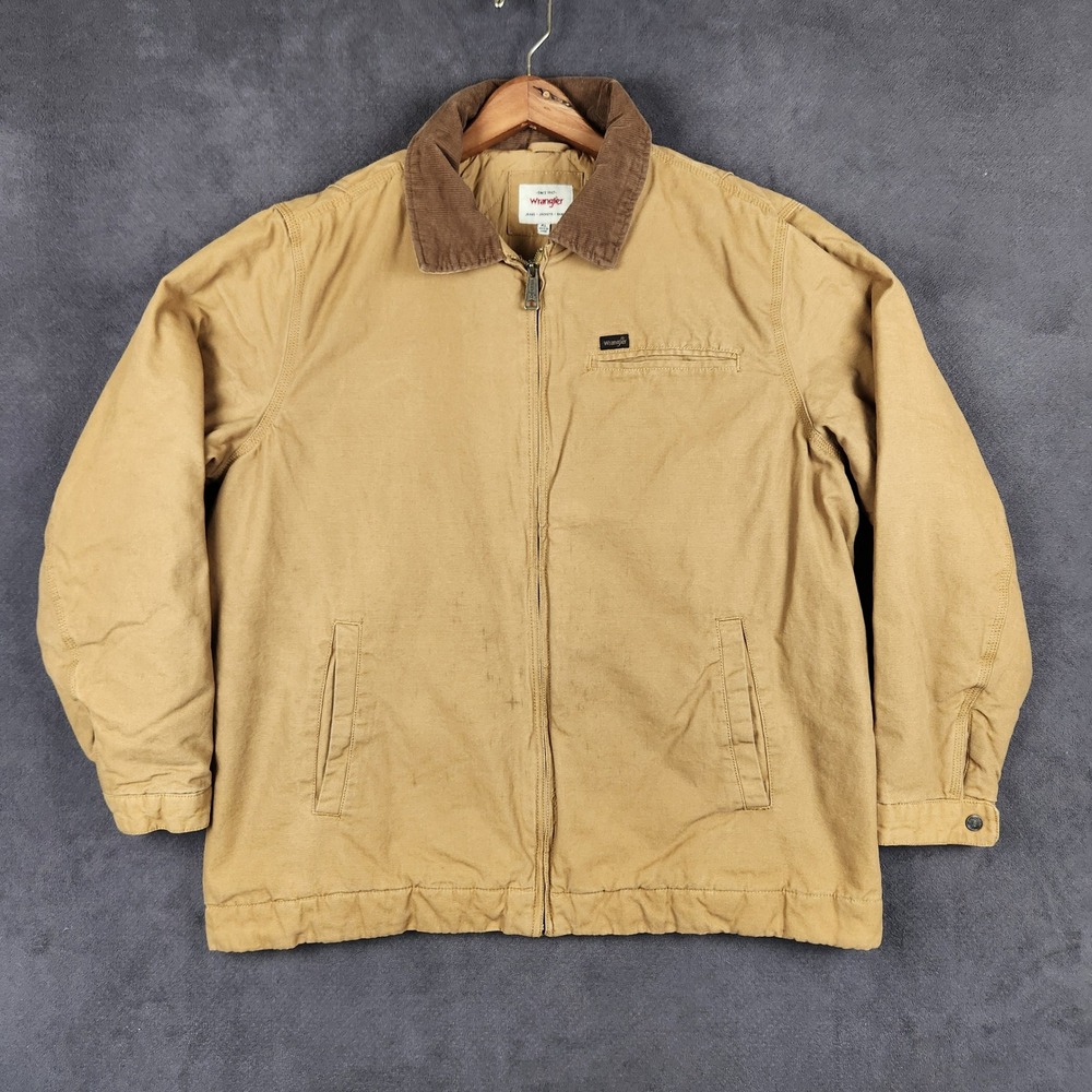Wrangler Work Jacket Mens XL Tan Brown Canvas Corduroy Collar Quilted Full Zip